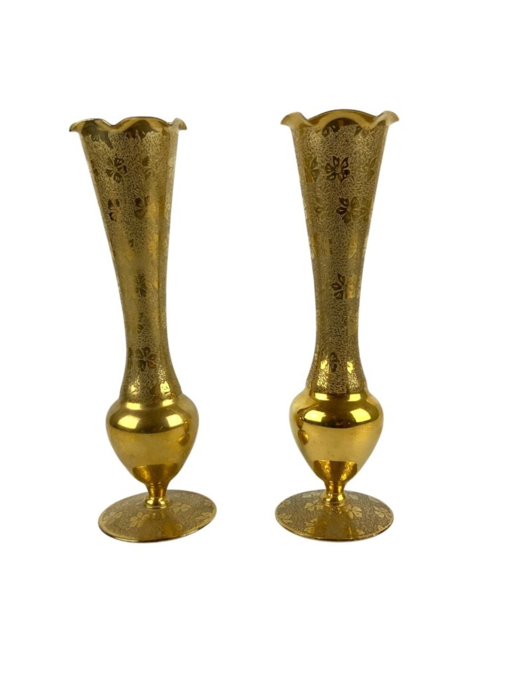Gold Gilt Plated Etched Glass Bud Vases Set of 2 Floral Design Scalloped Edge